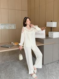 Spring Sexy Ruffles Lapel Collar Long Sleeve Shirt Pants Nightwear Women Ice Silk Homewear Pyjama Set Casual Home Clothes