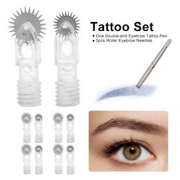 Double-end Eyebrow Tattoo Pen + 5pcs Roller Eyebrow Needles Tattoo Curved Blade Semi-permanent Makeup Tattoo Pen Tattoo Set