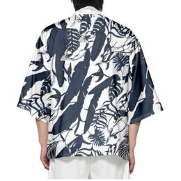 Japanese Traditional Leaves Print Kimono Cosplay Samurai Haori Obi Women Men Cardigan Beach Yukata Asian Clothes