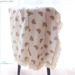 Blankets Swaddling 2024 New born Blanket Cotton Printed Bear Infant Gauze Blanket Swaddling Blanket Soft Baby Tassel Y240411