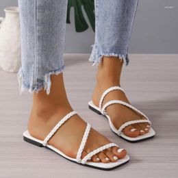 Slippers Summer Women's Braided Square Toe Sandals Casual And Comfortable Shallow Slip-on Beach Vacation Walking Shoes Zapatos Mujer