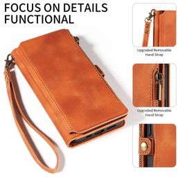 designer phone case flip zipper bag wallet iphone case leather wristled functional case brown Suitable for iPhone 15 ProMax, iphone 14 iphone 13 iphone 12 Apple