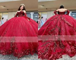 2023 Sparkly Sequins Applique Quinceanera Dresses 2 Pieces Detachable Boho Long Sleeves Ball Gowns Pageant Formal Dress Prom Sweet1459061