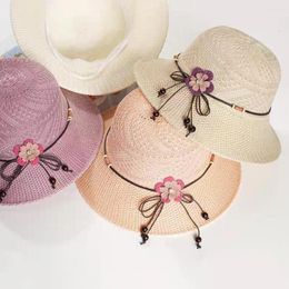 Wide Brim Hats 2024 Summer Women Bow Flowers Straw Hat Outdoor Sun Sunscreen Collapsible Beach