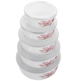 Mugs 5Pcs Enamel Bowls With Lids Food Soup Fruit Fresh Containers Household Kitchen Products