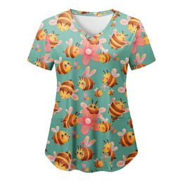 Women Short Sleeve Tops With Pocket Working Uniform Bee Printed T-Shirts Uniforms Short Sleeved Scrubs For Women