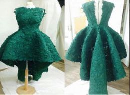 Dark Green High Low Prom Dresses Lace Appliques Sleeveless Zipper Back Evening Gowns Short Formal Party Dress Cheap Custom Made3302318