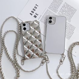 Korean Crossbody Lanyard Irregular Silver Beads Chain Rhombus Mirror Case for iPhone 11 12 13 14 Pro Max Samusng S21 S22 Cover