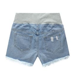 Maternity Summer Denim Shorts Pregnant Women Support Belly Low Waist Patchwork Ripped Clothing