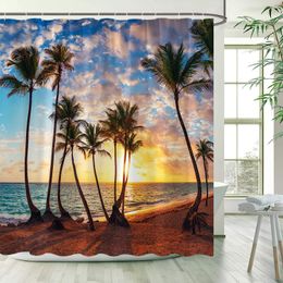 Dusk Ocean Landscape Shower Curtains Sunset Sea Waves Beach Hawaiian Scenery Bath Curtain Fabric Bathroom Decor Set with Hooks