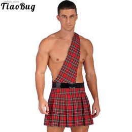 Sexy Skirt y Mens Scottish Come Traditional Kilt Skirt Plaid One Shoulder Strap Pleated Skirts for Halloween Theme Party Role Play L410