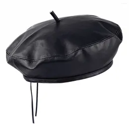 Berets Women PU Leather French Beret Hat Artist Warm Beanie Cap Adjustable Solid Colour Painter