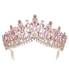 Baroque Rose Gold Pink Crystal Bridal Tiara Crown With Comb Pageant Prom Rhinestone Veil Tiara Headband Wedding Hair Accessories Y7978663