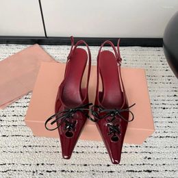 Dress Shoes Casual Designer Fashion Women Burgundy Patent Leather Pointy Toe Bow Knot High Heels Slingback Zapatos Mujer Sandals