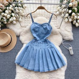 Casual Dresses Chic Denim For Women Solid Spaghetti Strap Slim A-line Jean Vestidos Female Summer Fashion Short Pleated Frocks Lady