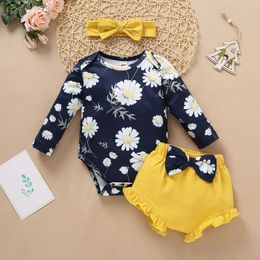 Toddler Girls Long Sleeve Floral Prints Tops Romper And Shorts 3PCS Outfits Clothes Set For Tutus Girls Elephant Baby Outfit