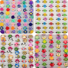 10pcs/Lot Colourful Polymer Clay Ring for Girls Sweet Flower Animal Fruit Shape Adjustable Rings Child Kids Birthday Jewellery Gift