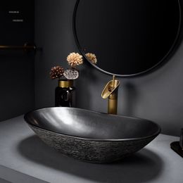 Retro Bathroom Sinks Black Washbasin Bathroom Balcony Art Washbasin Ceramic Countertop Sink Home Single Basin Bathroom Furniture