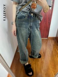 Women's Jeans Aoaiiys Women High Waisted 2024 Vintage Blue Wide Leg Trousers Simple Button Straight Denim Clothing