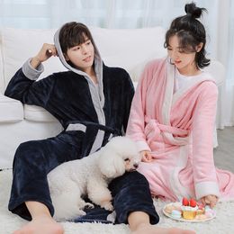 Couple Winter Hooded Robe Nightwear Flannel Kimono Bathrobe Gown Winter Home Clothing Men&Women Warm Long Nightgown Sleepwear