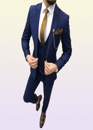 black Three Piece Tuxedos Royal Blue Men Suits Peaked Lapel Custom Made Wedding Slim Fit Male Suits Jacket Pants Vest Tie5954517
