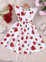 Girl's Dresses Girls summer new casual vacation style small fly sleeve dress sweet ruffle tuxedo dress