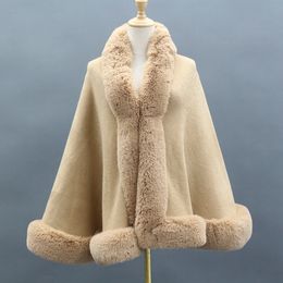 Janefur Knitted Cape with Faux Fur Trim Women 2022 Elegant Warm Soft Poncho Wholesale Fake Fur Wedding Shawl Wrap