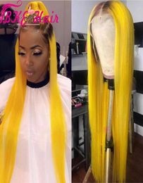 Ombre Yellow with brown Roots Lace Front Synthetic Wigs Pre Plucked Long Straight Wigs with Baby Hair for women7516013