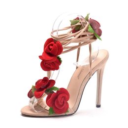 Sandals Crystal Queen Women Sandals Red Rose Flower Crosstie Highheeled Open Toe Summer Heels Lady Dress Sexy Shoes