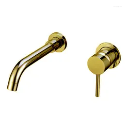 Bathroom Sink Faucets Solid Brass Wall-Mounted Mixer Tap Lavatory Faucet Single Handle 2 Holes Gold Colour