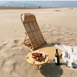 Rattan Tatami Portable Recliner: Folding Beach Wicker Cane Bamboo Lounger Pool Chaise Sun Bed Foldable Camp Deck Backrest Chairs