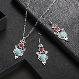 Ethnic Vintage Red Blue Turquoises Dangle Earring Set Women Girls Silver Colour Geometric Jewellery Sets Boho Party Bijoux Gift