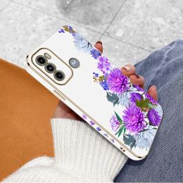 Purple Jasmine Luxury Plating Phone Case For Motorola Moto G60 G53 G52 G50 G42 G30 G20 G22 G52 E7 Plus G9 Play G8 Power Cover