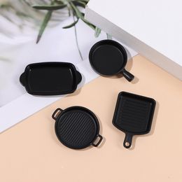 1set(4pcs) 1/12 Black Miniature Dollhouse Dish Plate Pretend Play Kitchen Cooking Toy Set