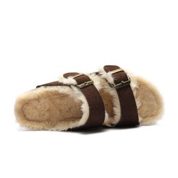 2023 New Winter Women Plush Cork Slipper Casual Suede Warm Outside Men Buckle Soft Artificial Fur Slides Shoe