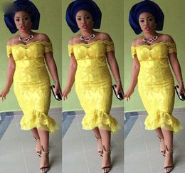 African Lace Short Dresses Tea Length Off Shoulder Nigerian Style Evening Dress Plus Size Yellow Vintage Prom Party Gowns Cheap5219486