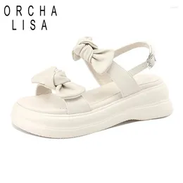 Dress Shoes ORCHA LISA Women High Platform Soft Sandals 5CM Heel Faux Leather Open Toe Big Two Bows Buckle Sweet Size 42 43 Black Beige