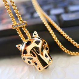 Black Spots Leopard Head Pendant Green Cubic Zirconia Stone EyesAnimal Panther Necklace for Men or Women Designer Copper Jewelry 240409