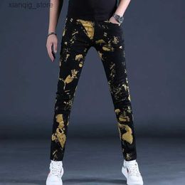 Men's Jeans Light Luxury Mens Slim-fit Hot Printed Black Denim PantsSexy All-match Trendy JeansKorea Version Stretch Street Jeans Pants; L49