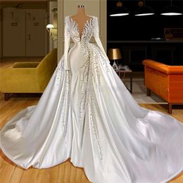 Pearls Wedding Fashion Long Sleeves Customized Bridal Gowns Removable Skirt V-neck Court Train Bride Dress 2023