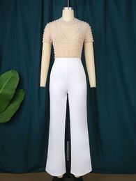 Plus Size Jumpsuits for Women See Through Beading Long Sleeve Beige Black Empire Wide Leg One Piece Outfits Luxury Rompers