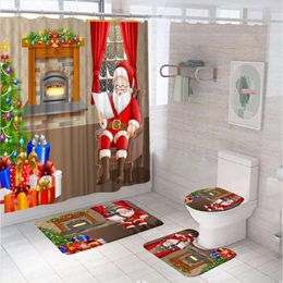 Shower Curtains Christmas Santa Claus Curtain Set Non-Slip Rug Toilet Lid Cover Bath Mat Xmas Trees Fireplace Bathroom 12 Hooks