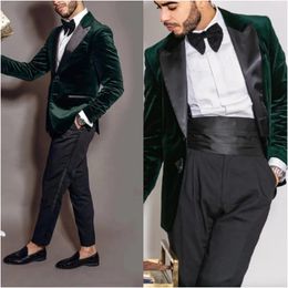 Men's Suits Green Velvet Blazer Black Pant Wedding Tuxedos Groom Dinner Dress Business Evening Men Birthday Party Wear Tuxedo Terno