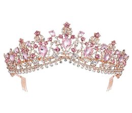 Baroque Rose Gold Pink Crystal Bridal Tiara Crown With Comb Pageant Prom Rhinestone Veil Tiara Headband Wedding Hair Accessories Y1962855