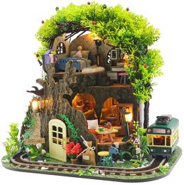 DIY Wooden Doll Houses Miniature Building Kit With Furniture Forest Tree House Casa Dollhouse Assembly Toys for Adults Gifts