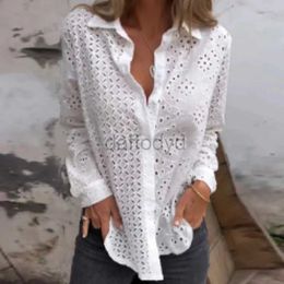 Women's Blouses Shirts Sexy Hollow Out Embroidery Crochet Blouses Women Spring Solid Long Sleeve Jacquard Top Summer Loose Single Breasted Lapel Shirt 240411