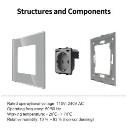 EU Standard Wall Light Switch Gery Crystal Glass Panel Switch Panel With Wall Socket With USB Type-c TV Network CAT6 Interfaces