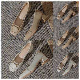 2024 Designer High square toe white women fashionable middle heels soft soles thick heels and single shoes