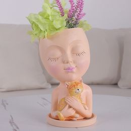 Resin Cat Girl Statue Flowerpot Ornaments Girl Portrait Decorative Vase Desktop Storage Holiday Gift Home Decor for Garden