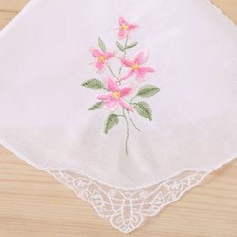 3Pcs/Set Women Basic White Square Handkerchief Floral Embroidered Pocket Hanky B